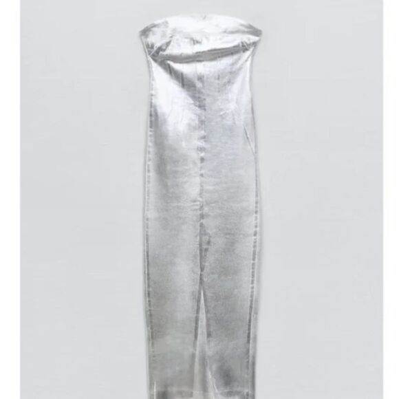 NWT Blogger Favorite Zara Silver Metallic Shiny Strapless Denim Dress - Picture 2 of 9